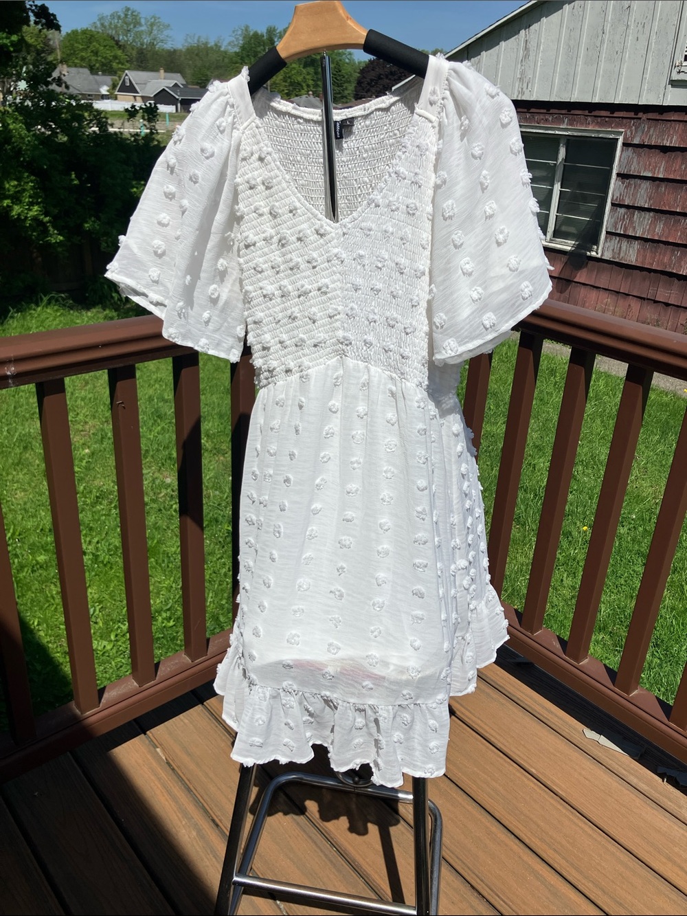White Swiss Dot V-Neck Babydoll Dress women’s Large